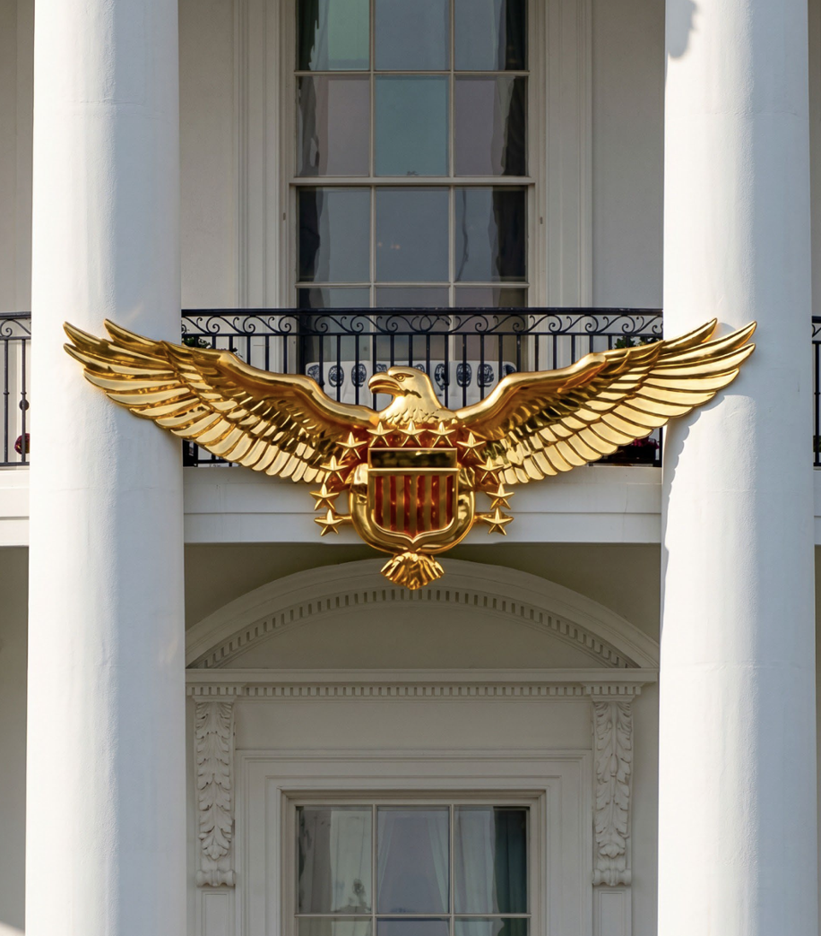A golden eagle sculpture is displayed on the south portico of the White House on 06/29/2026. This installation represents one of the most visible alterations to the White House facade in recent memory, presented by Donald J.