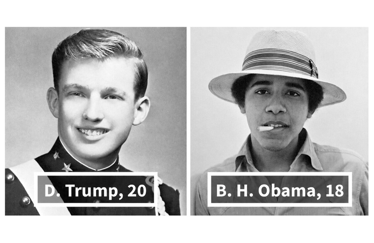A split-panel image showing young Donald J. Trump (left) and young Barack H.