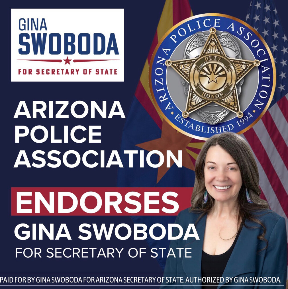 A campaign graphic endorsing Gina Swoboda for Arizona Secretary of State is displayed on Truth Social on 06/28/2026. This endorsement from a law enforcement organization for an elections administration office highlights the intersection of public safety and election integrity debates.
