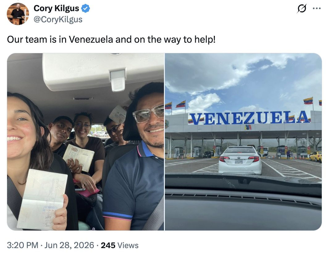 Missionary Cory Kilgus posted an update on Truth Social on 06/28/2026. The post announced his team's entry into Venezuela to deliver aid amid the country's humanitarian crisis and was amplified by former President Donald J.