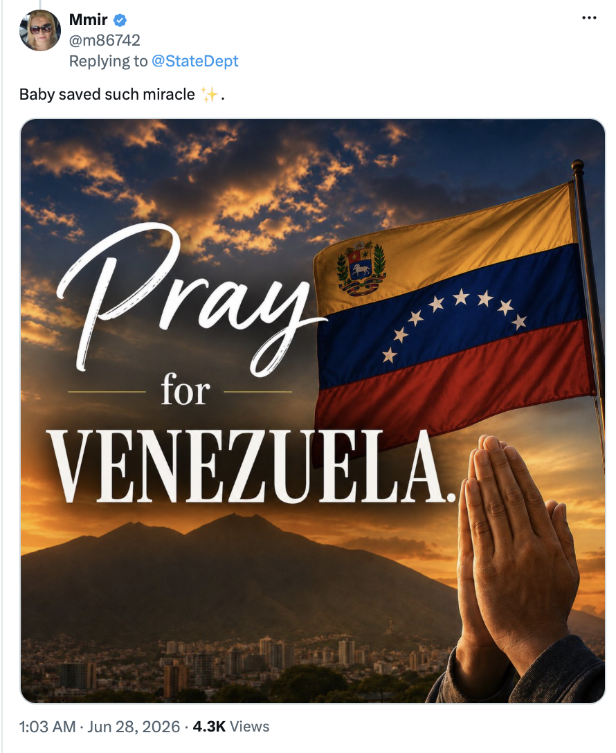 President Donald J. Trump shared a post calling for prayers for Venezuela at the White House on 06/28/2026.