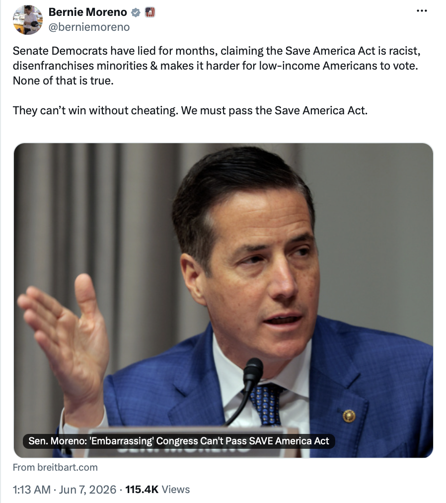 Donald J.Trump backs Bernie Moreno’s push to pass the SAVE America Act
