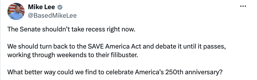 Donald J.Trump amplifies Mike Lee’s call to cancel Senate recess for SAVE America Act