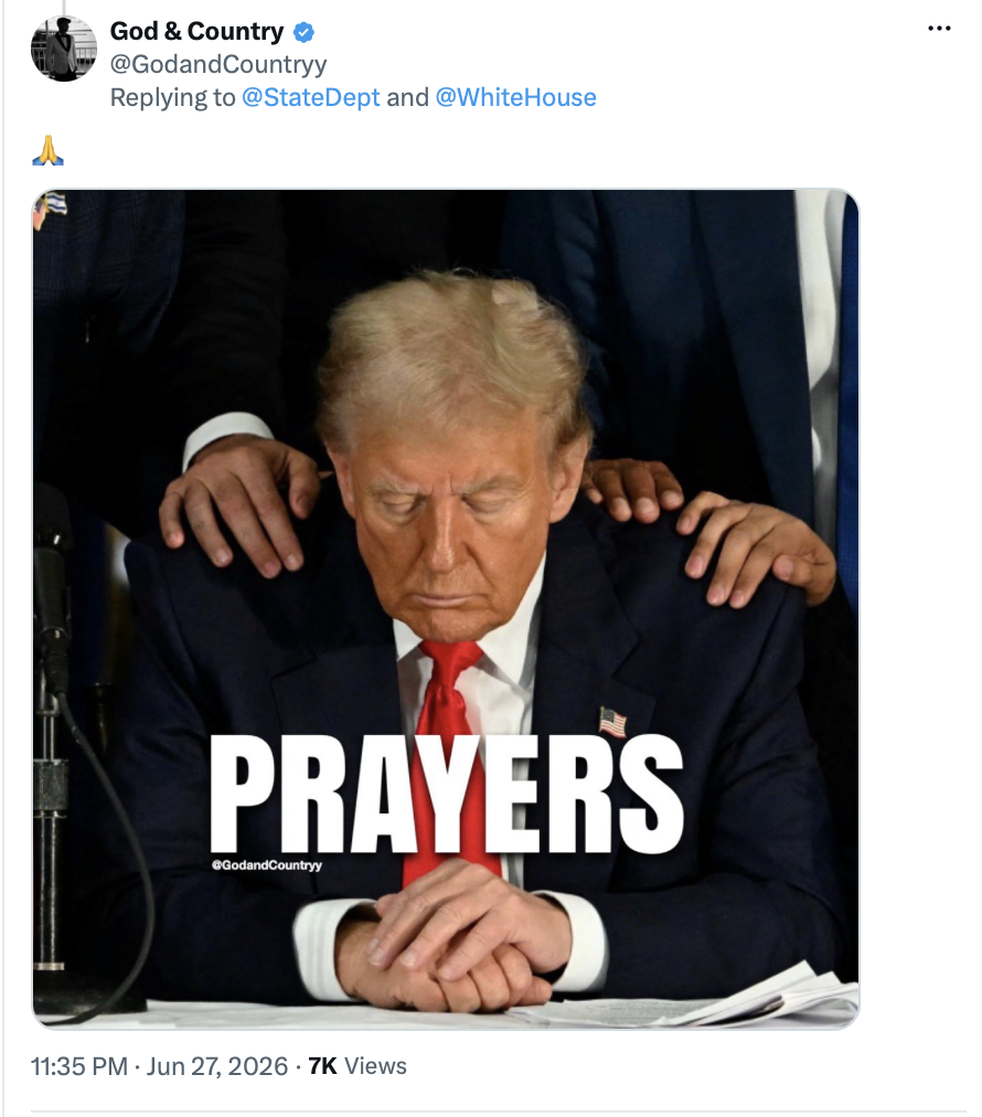 President Donald J. Trump reposted an image from the "God & Country" account at the White House on 06/28/2026.