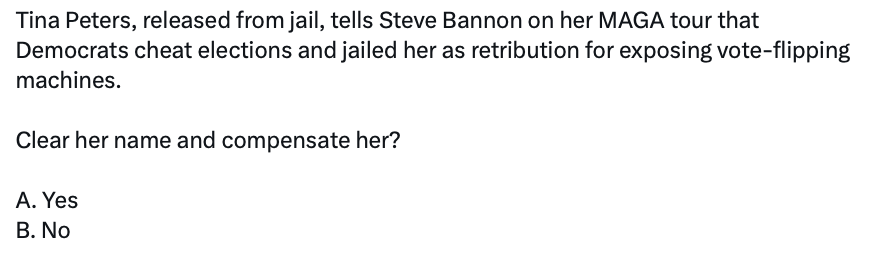 Donald J.Trump amplifies Tina Peters’ claim that Democrats jailed her for exposing election fraud