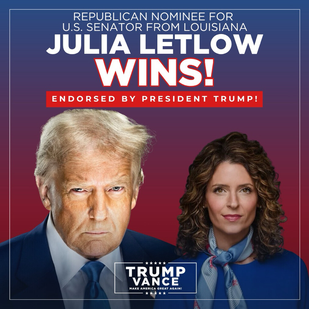 A campaign-style graphic featuring Julia Letlow and former President Donald J. Trump is shared on Truth Social on 06/27/2026.