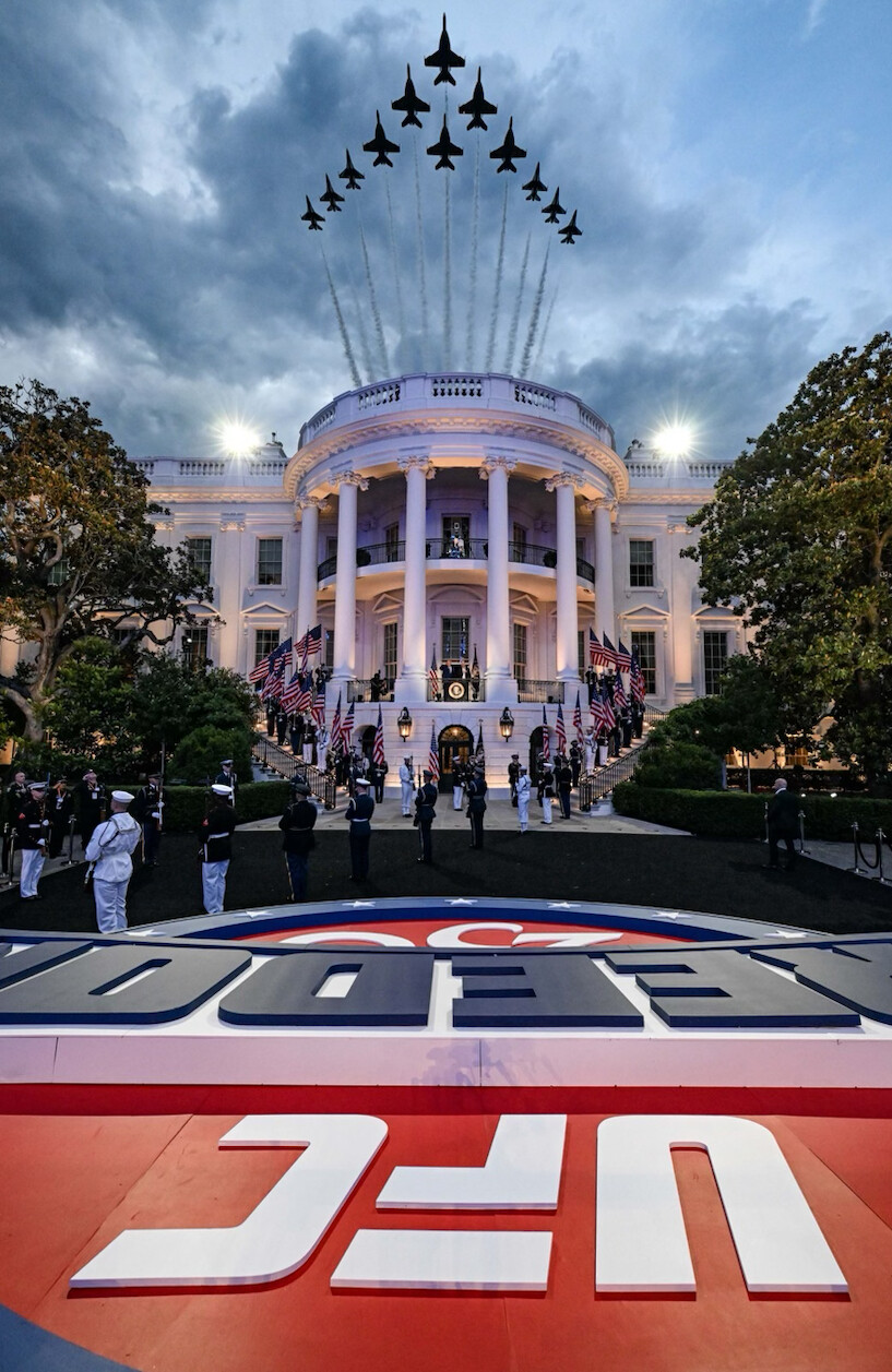 A UFC-branded event is staged at the White House on 06/27/2026. The image accompanied a cryptic social media post by Donald J.