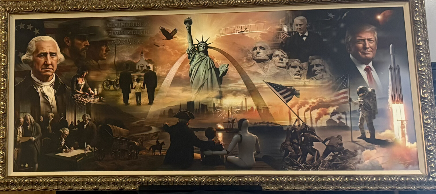 President Donald J. Trump shared a large patriotic painting depicting himself alongside American icons at the White House on 06/28/2026.