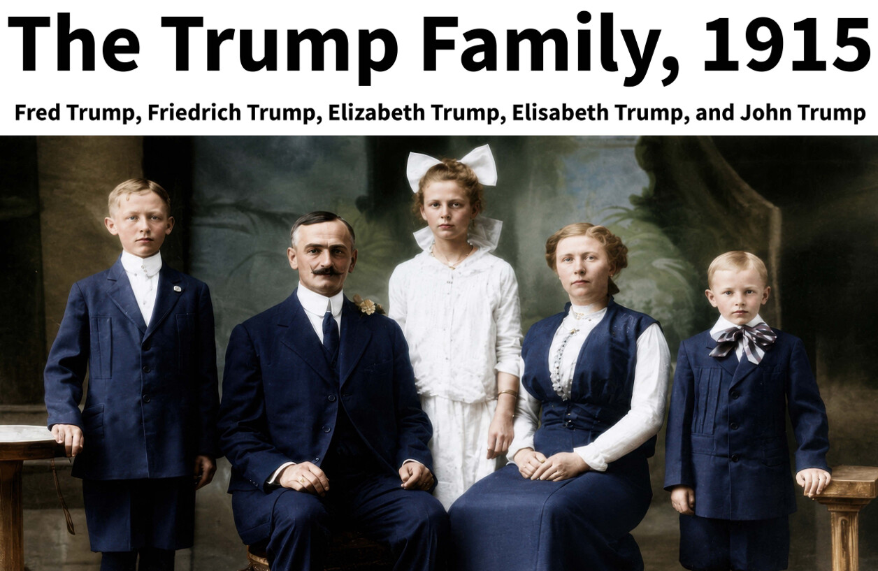 President Donald J. Trump shared a colorized 1915 family portrait featuring Fred Trump, Friedrich Trump, Elizabeth Trump, Elisabeth Trump, and John Trump on Truth Social on 07/05/2026.