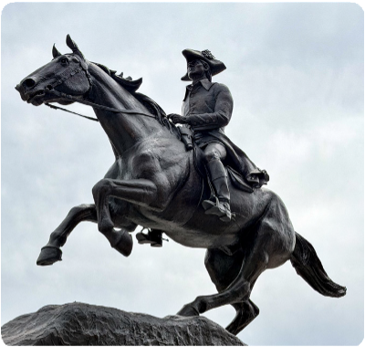 Equestrian statue of Caesar Rodney posed at Freedom Plaza in Washington, D.C., on 07/02/2026. The statue anchors the "Spirit of '76" exhibition, which President Donald J.