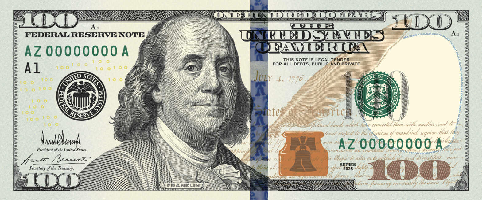 President Donald J. Trump posted a mockup $100 bill on Truth Social on 07/03/2026.