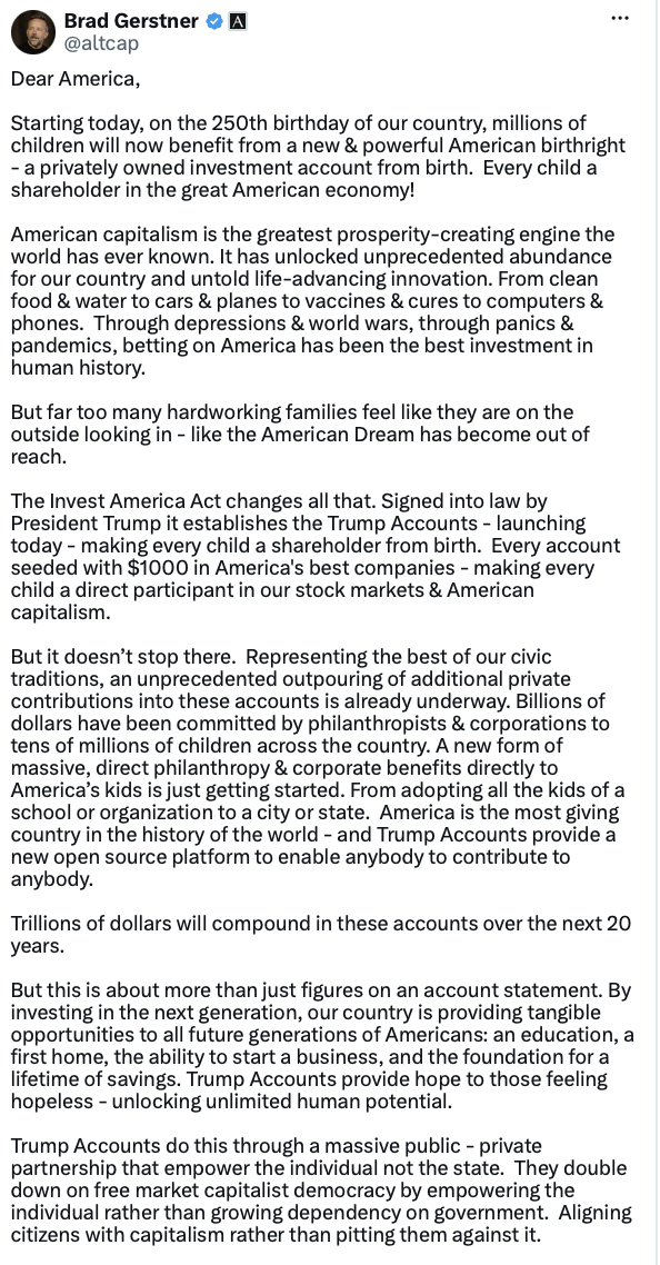 A screenshot of a Truth Social post by Brad Gerstner outlines the Invest America Act at WASHINGTON D.C. on 07/08/2026.
