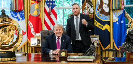 Justin Gaethje celebrates his UFC title with Trump in the Oval Office