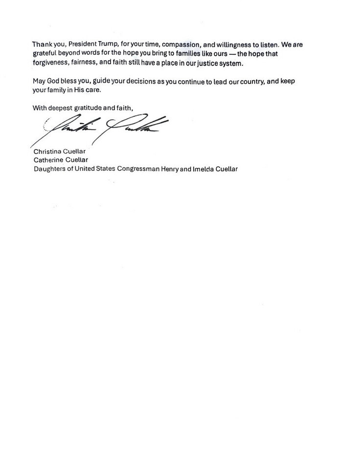 A letter from Christina Cuellar and Catherine Cuellar is displayed on Truth Social on 07/13/2026. The letter was cited by former President Donald J.