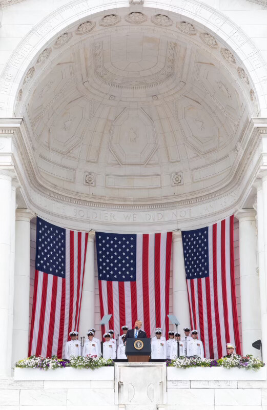 The Memorial Amphitheater hosts a formal ceremony at Arlington National Cemetery on 07/05/2026. This image was shared by President Donald J.