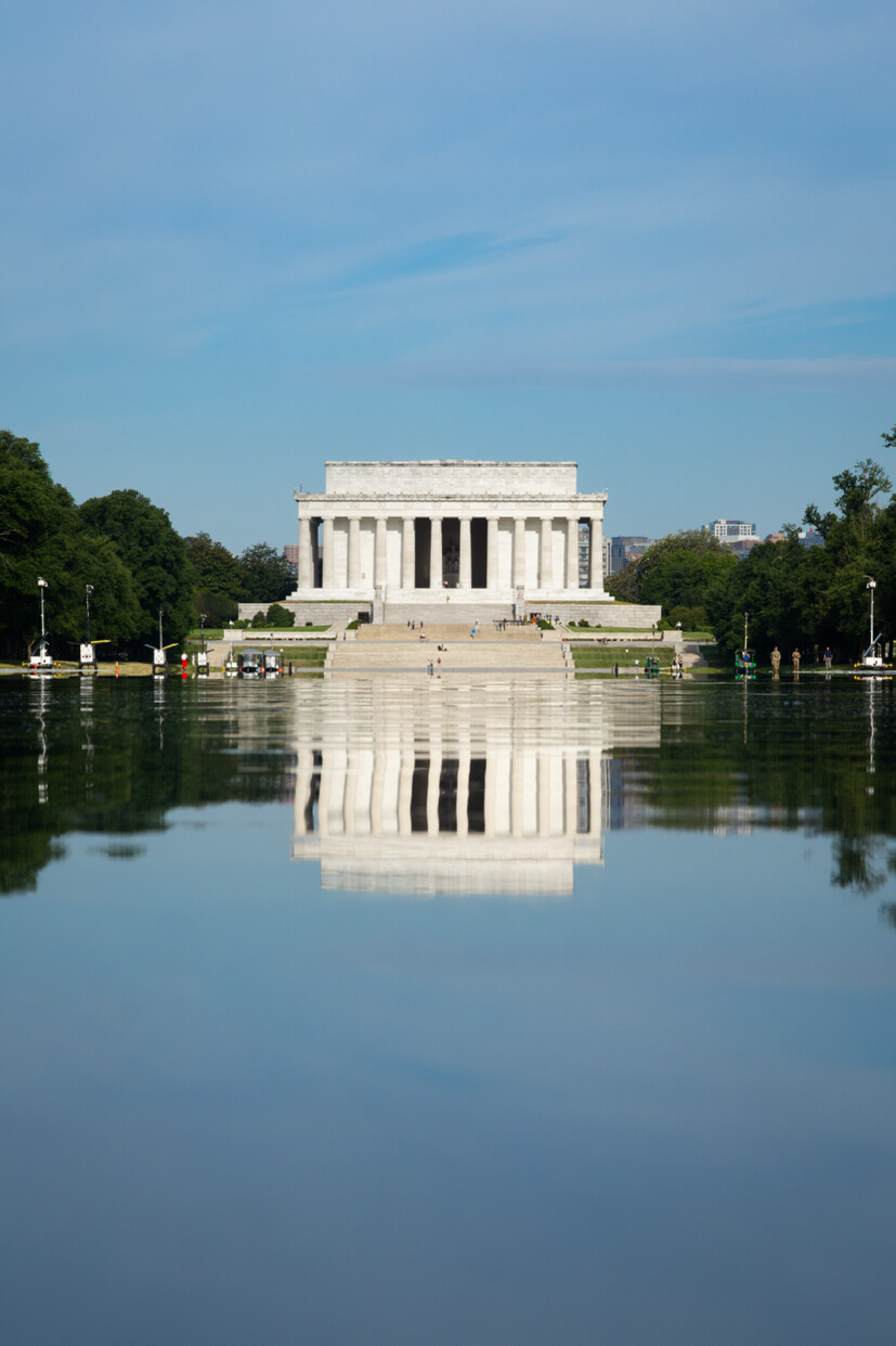 The Lincoln Memorial is reflected in the Reflecting Pool at the National Mall in Washington, D.C., on 07/06/2026. The wordless post by Donald J.