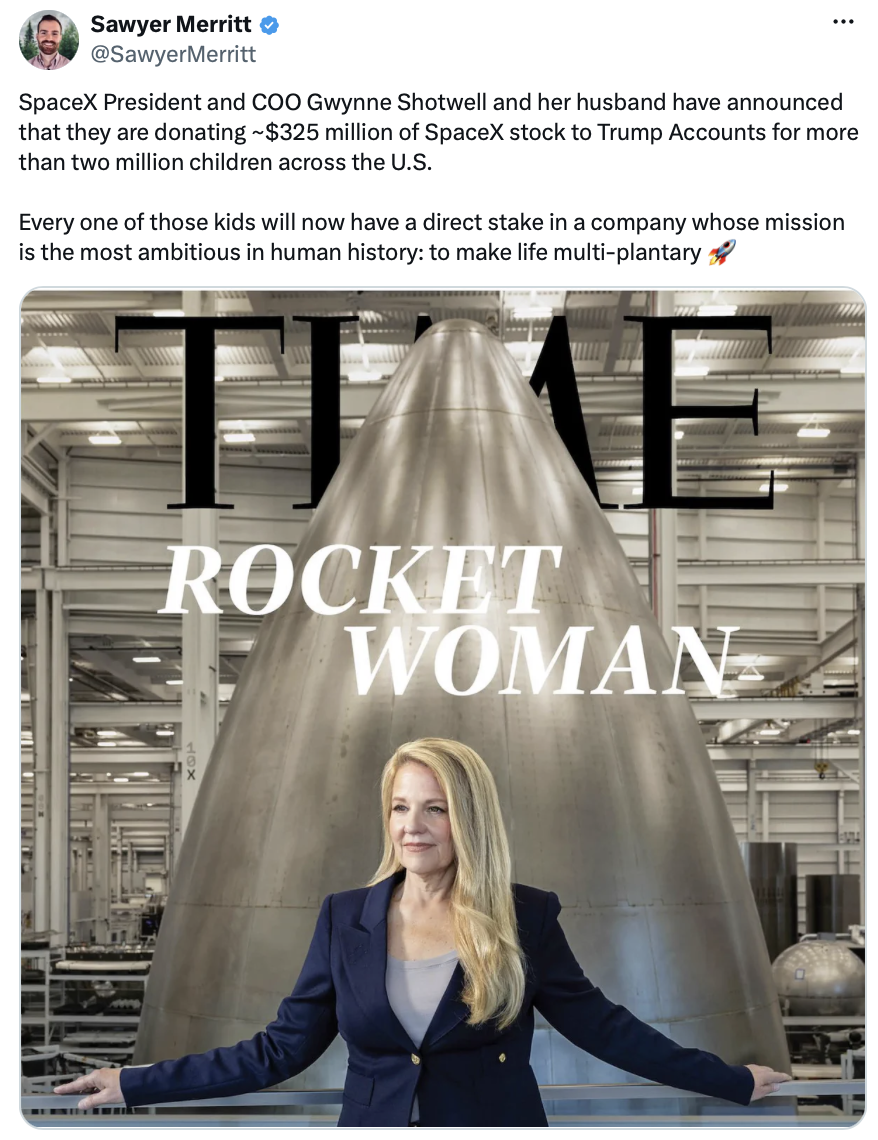 Shotwell family donates $325 million in SpaceX stock to Trump Accounts