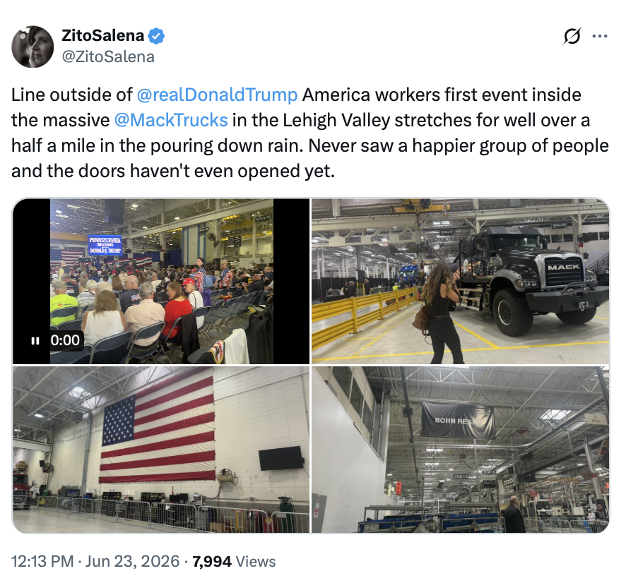 President Donald J. Trump shares a social media post from Salena Zito depicting a crowd at Macungie, Pennsylvania, on 06/23/2026.