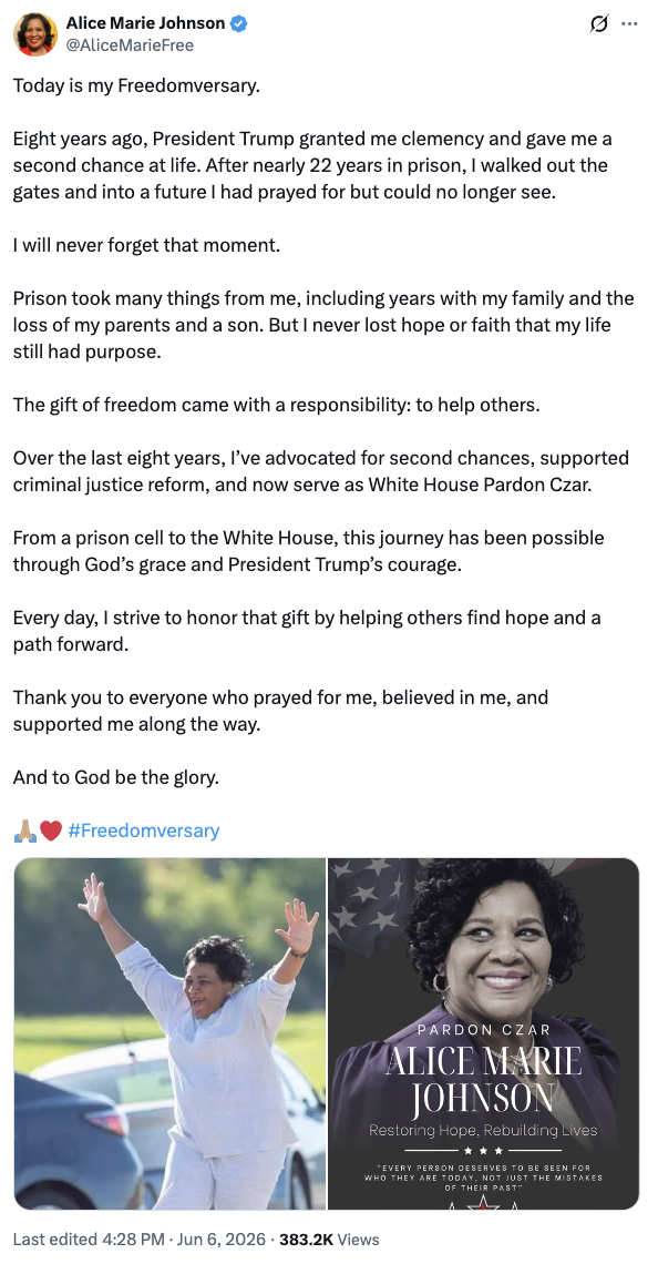 Alice Marie Johnson shared a reflection on her social media post on Truth Social on 06/06/2026. The post marked eight years since her clemency and highlighted her journey from prison to White House Pardon Czar, advocating for criminal justice reform.