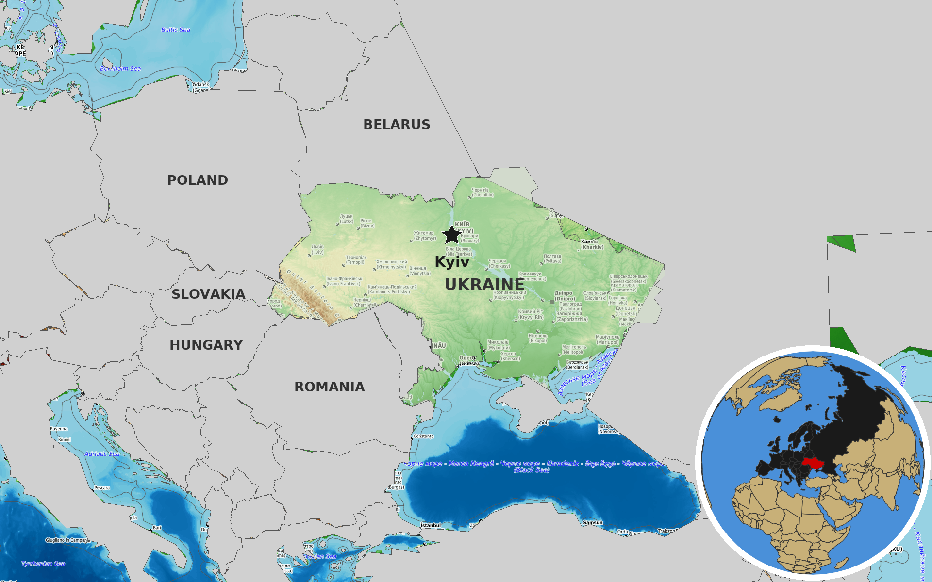 Source: OpenTopoMap / Natural Earth - Ukraine
Note: Map generated by NewsFindr for Ukraine on July 13, 2026 at 9:27 AM ET