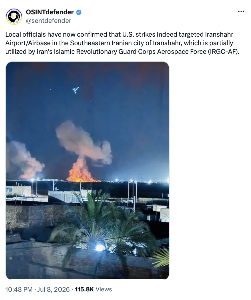 A large plume of smoke rises above an orange fire at an undisclosed location on 07/08/2026. The image was shared by former President Donald J.