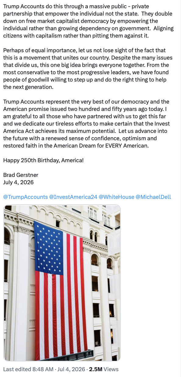 Trump Promotes Trump Accounts as 250th Birthday Marks Invest America Act Push