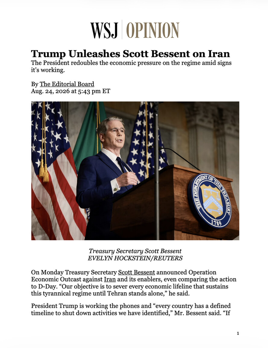 Trump Shares WSJ Editorial Backing Bessent’s Iran Sanctions Campaign